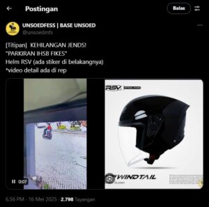 Tangkapan Layar Cuitan Laporan Kehilangan Helm di Base Unsoed pada 16/5/2025