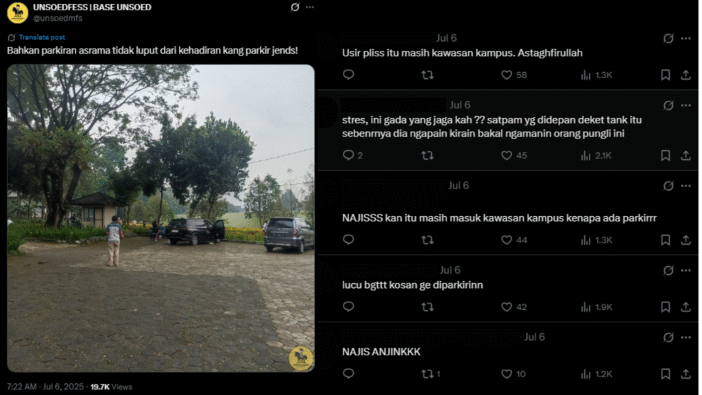 Unggahan dan Kolom Komentar di akun @unsoedmfs mengenai parkir di kawasan Rusunawa (28/07/2025)