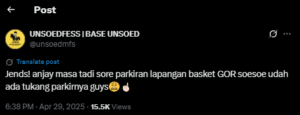 Cuitan di akun @unsoedmfs soal parkir lapangan basket GOR Soesoe (28/07/2025)