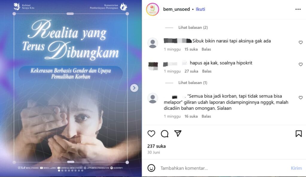 Sumber: Kolom Komentar Unggahan Instagram @bem_unsoed (30/6/2025)