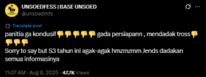 Cuitan di akun base Unsoed soal panitia yang terkesan serba mendadak (Sumber: @unsoedmfs)