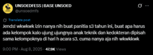 Cuitan di akun base Unsoed yang menanggapi larangan bagi mahasiswa baru Fakultas Teknik untuk hadir di pusat acara (Sumber: @unsoedmfs)