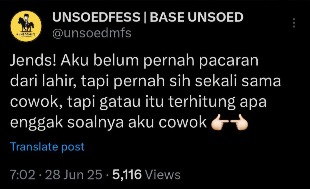 Cuitan di akun base Unsoed memperlihatkan ekspresi mahasiswa LGBTQ+ yang pernah berpacaran sesama jenis (Sumber: @unsoedmfs)