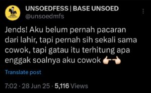 Cuitan di akun base Unsoed memperlihatkan ekspresi mahasiswa LGBTQ+ yang pernah berpacaran sesama jenis (Sumber: @unsoedmfs)