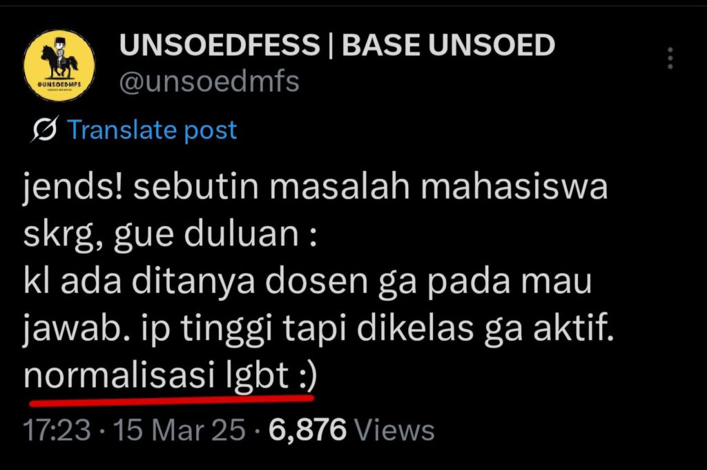 Cuitan di akun base Unsoed yang memperlihatkan penolakan terhadap normalisasi LGBTQ+ (Sumber: @unsoedmfs)