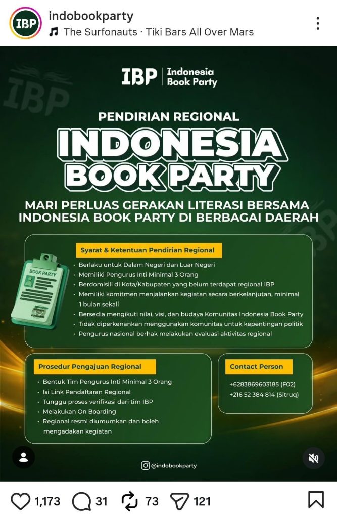 Perluasan gerakan literasi bersama di berbagai daerah oleh komunitas Indonesia Book Party
Sumber: @indobookparty on Instagram
